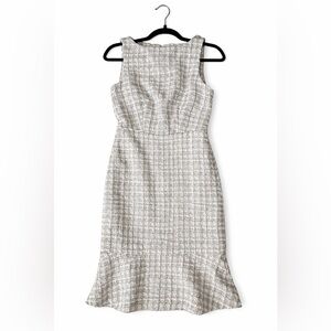 Ann Taylor Tweed Midi Sheath Dress in Light Gray and White